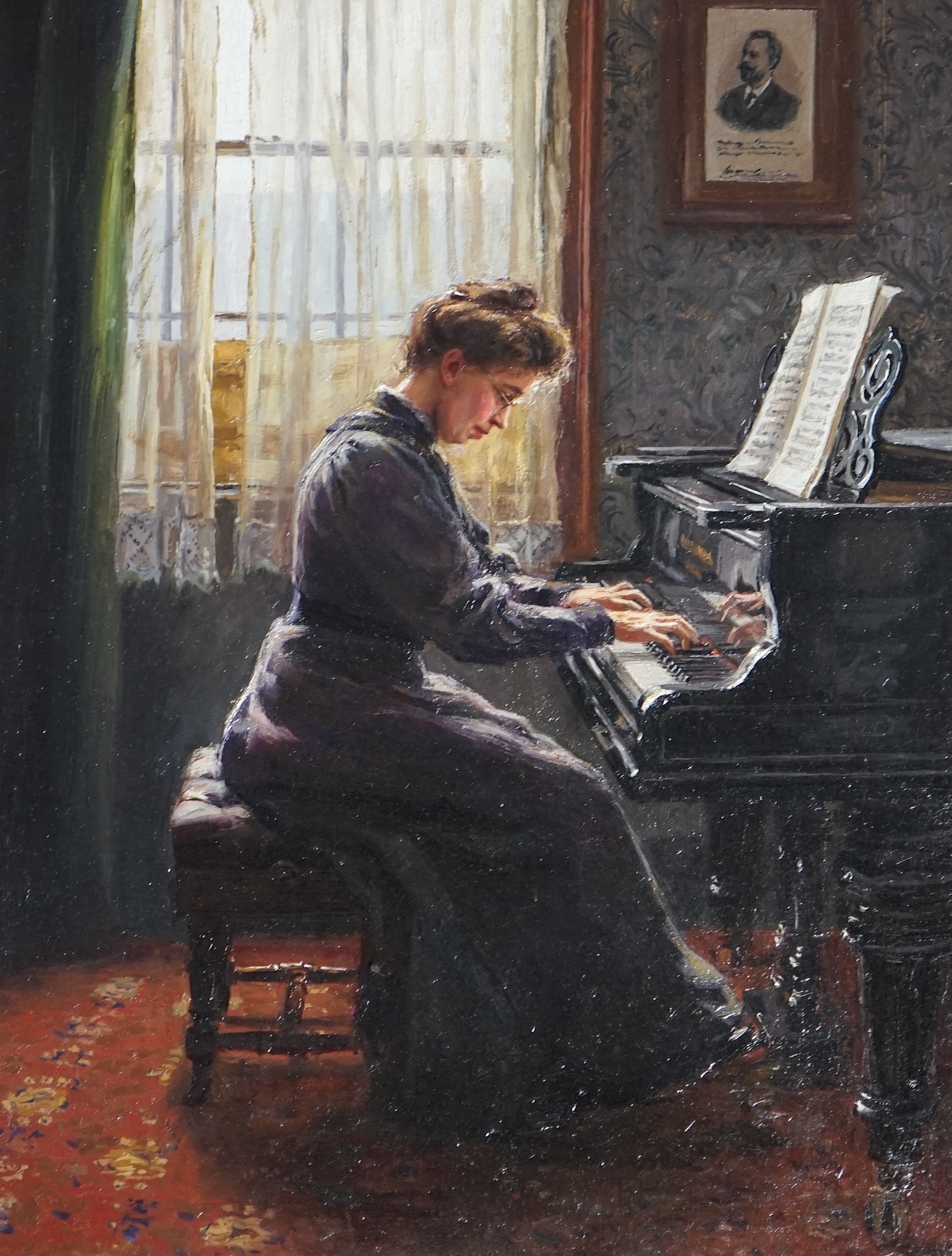 William Lucas (English, 1867-1951), Woman playing the grand piano, oil on board, 41 x 31.5cm